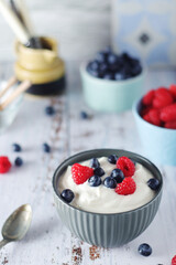 A bowl with Greek yogurt with berries