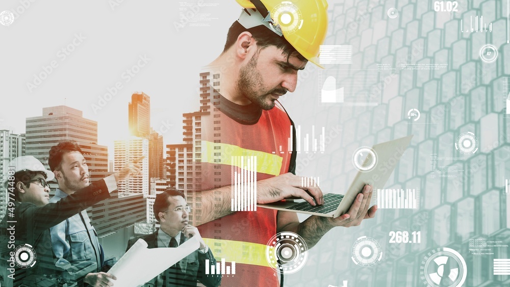Poster future building construction and inventive engineering project concept with hud hologram graphic des