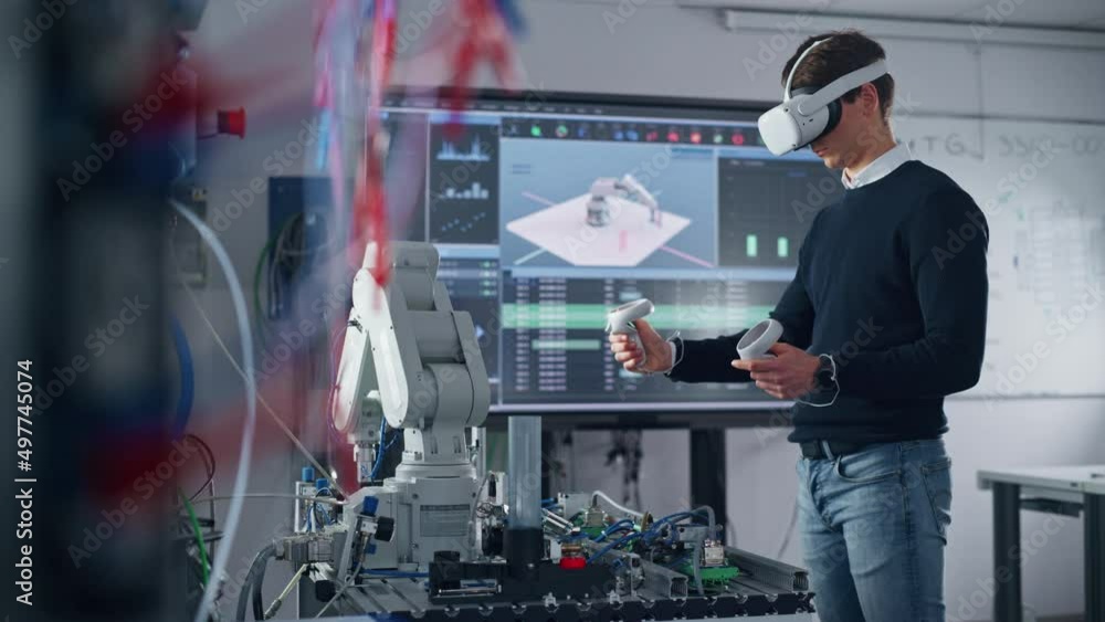 Poster student engineer wearing virtual reality headset holding controllers and moving bionic claw under hi