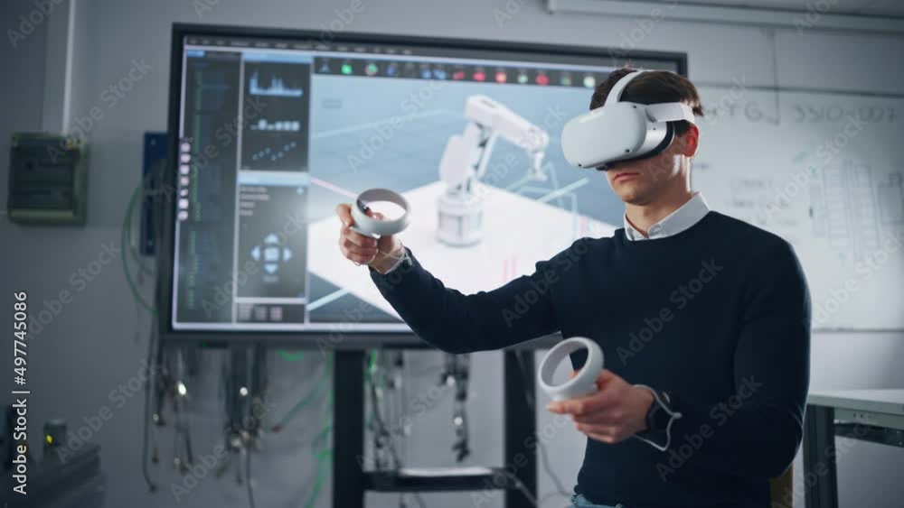 Aufkleber Student Engineer Wearing Virtual Reality Headset Holding Joysticks and Controlling Bionic Limb Under while her Actions Displayed on Screen. Modern Equipment and Computer Science Education Concept