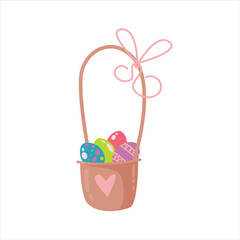 Easter basket with eggs and heart. Cute cartoon style