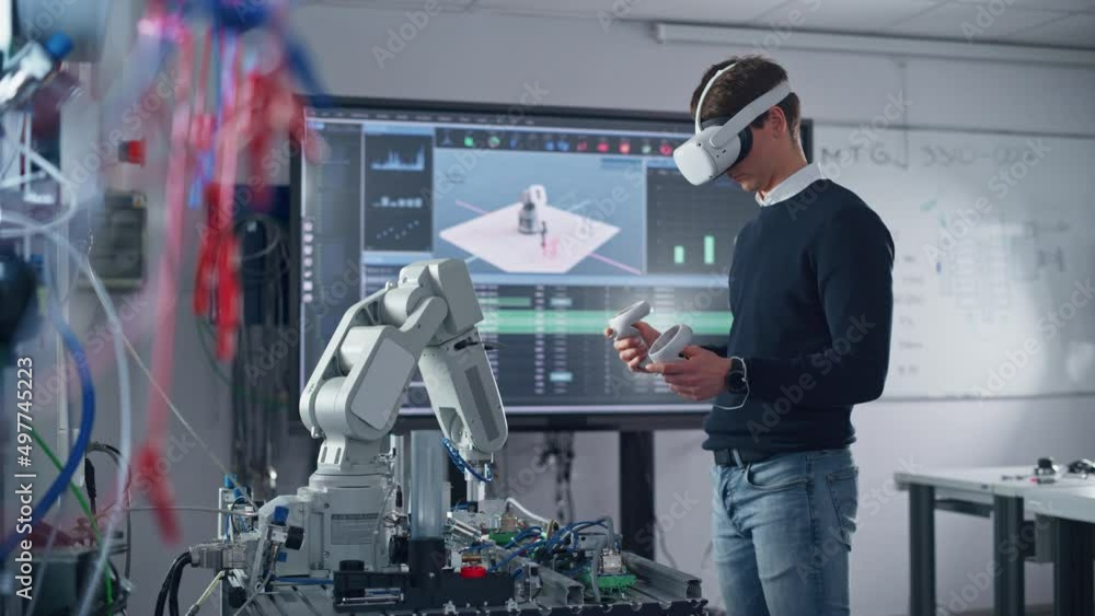 Aufkleber Male Student in VR Googles Lifting and Moving Bionic Hand wit Controllers while Doing his Project at the University. Computer Science and Education Concept