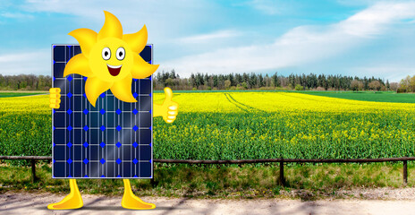 Solar panel with cartoon sun on sunny with hands and thumb up. Canola agriculture field. Landscape...