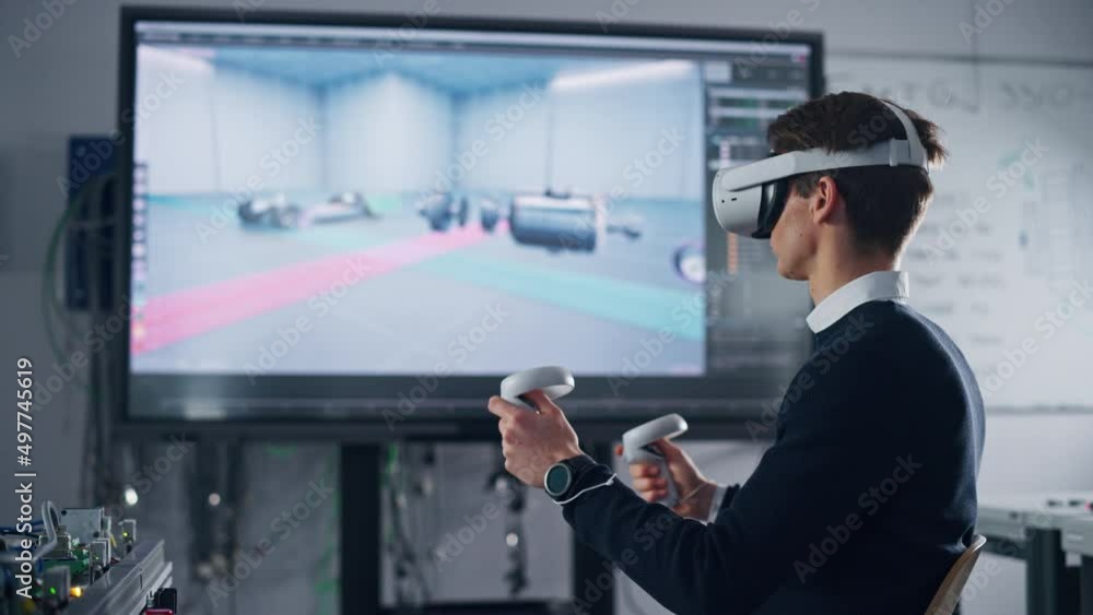Poster Male Student Wearing AR Headset Looking on Big Screen and Moving Controllers while Designs Prototype of Electric Motor at University. Futuristic Virtual Design of Mixed Technology Application Concept