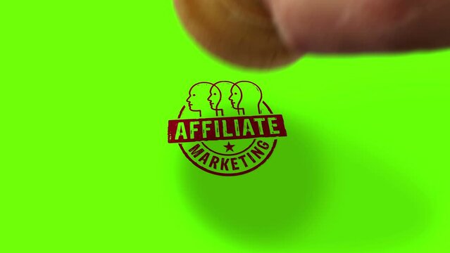 Affiliate marketing and targeted advertisement symbol stamp and hand stamping impact isolated animation. Online business promotion 3D rendered concept. Alpha matte channel.