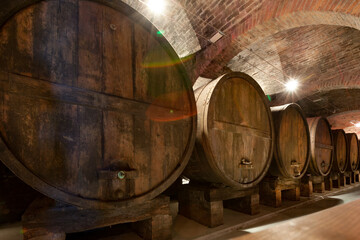 Botti di vino dentro una cantina antica 