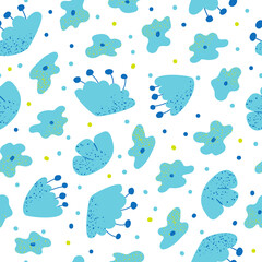 Seamless pattern with abstract organic shapes and blue textured flowers. Vector spring background
