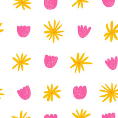 Seamless pattern with cute pink and orange flowers. Vector floral background with textured flowers. 