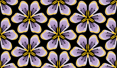 .Abstract violet flowers on black background. Vector seamless pattern. Floral ornament.