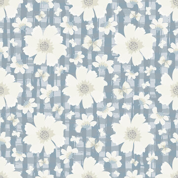 Seamless cottage garden flower and butterfly vector pattern in pastel blue canvas farmhouse style. Hand drawn country flowers and butterflies on textured backdrop. Rustic cottagecore aesthetic repeat