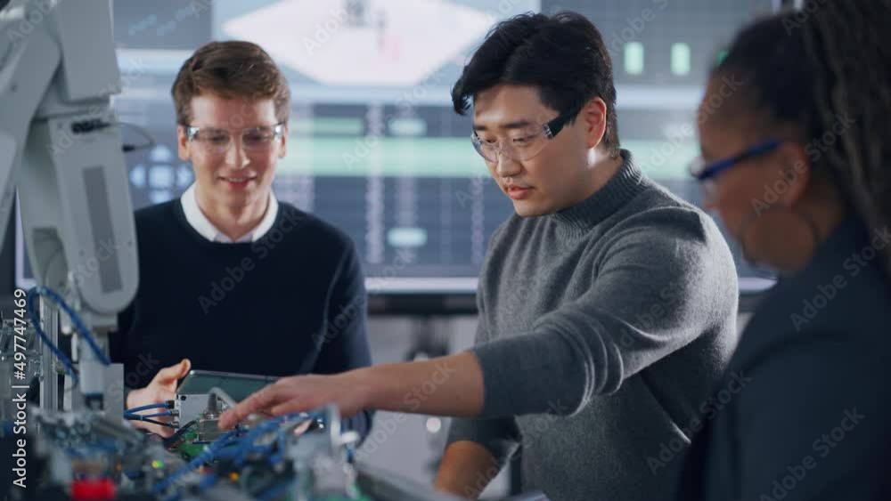 Poster Male Student with Tablet at Hands Pointing at Robotic Hand while Working at Project with Asian Classmate and Black Teacher. Modern Technologies, Science and Developing Concept