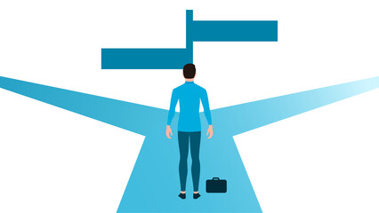 man on cross road with sign board. decision making character illustration, startup business character vector illustration.