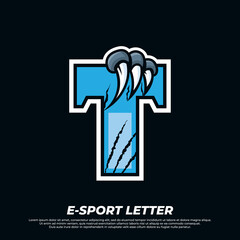 Tiger claw mascot sport logo design. Letter T with Tiger scratch animal mascot illustration logo - obrazy, fototapety, plakaty