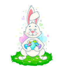 A white rabbit sits on a lawn and holds colored Easter eggs in its paws. Vector linear illustration. Character for the traditional Easter holiday.