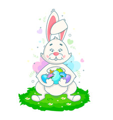 Obraz premium A white rabbit sits on a lawn and holds colored Easter eggs in its paws. Vector linear illustration. Character for the traditional Easter holiday.