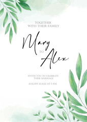 Wedding invitation, Floral invitation, Green leaves and branches, Eco-friendly design, Invitation modern greeting card design elegant watercolor rustic template