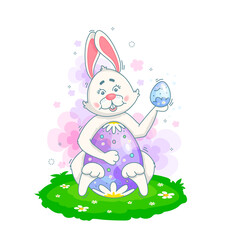 A white rabbit sits on the lawn and hugs a large and small Easter egg. Vector linear illustration. Character for the traditional Easter holiday.