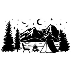 Camping scene. Summer camp seamless pattern. Vector illustration. Outdoor adventure background for wallpaper or wrapper. Seamless night scene with mountains, forest, campfire, tent and chair