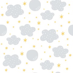 Seamless pattern moon, cloud and star, gender neutral. Whimsical minimal earthy 2 tone color. Kids naive wallpaper or boho cartoon fashion all over print.