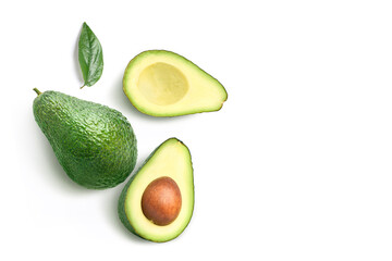 Flat lay of Avocado with cut in half isolated on white background.