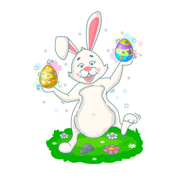 A white rabbit jumps cheerfully on a lawn with Easter eggs. Vector linear illustration. Character for the traditional Easter holiday.