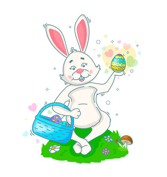 A white rabbit with a basket sits on a lawnwith Easter eggs. Vector linear illustration. Character for the traditional Easter holiday.