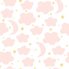 Seamless pattern moon, cloud and star, gender neutral. Whimsical minimal earthy 2 tone color. Kids naive wallpaper or boho cartoon fashion all over print.