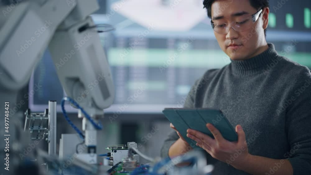 Poster Student Holding Tablet and Controlling Robot Hand Moving at Different Ways At University Class. Asian Man Developing Software Production for Robotics Facility. Computer Science Concept. Close Up View