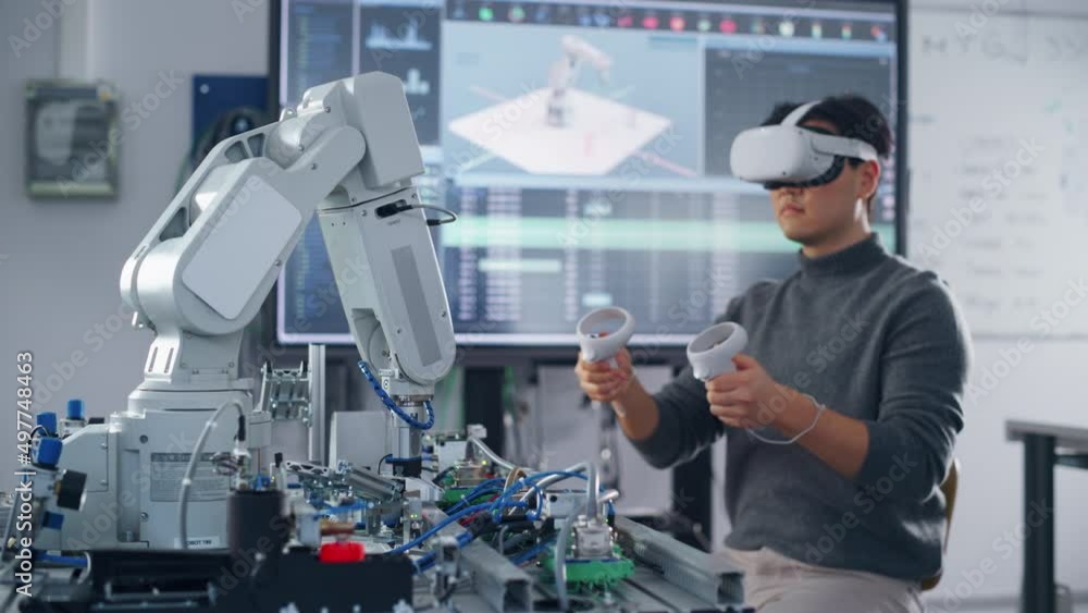 Poster Asian Student Testing Interface of Bionic Hand. Engineer Wearing Virtual Reality Headset and Using Controllers at University. Virtual Reality Concept