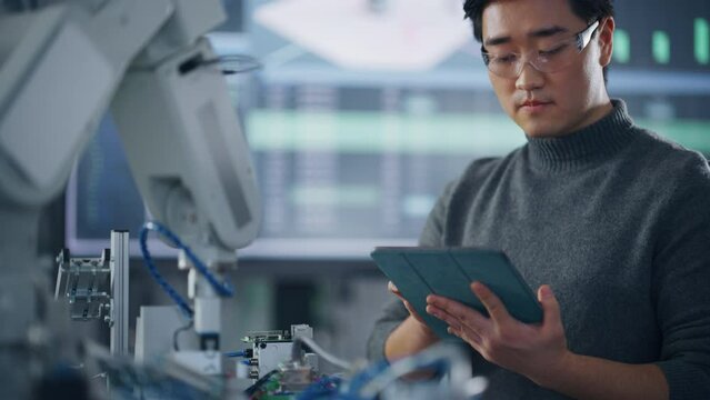 Student Holding Tablet and Controlling Robot Hand Moving at Different Ways At University Class. Asian Man Developing Software Production for Robotics Facility. Computer Science Concept. Close Up View