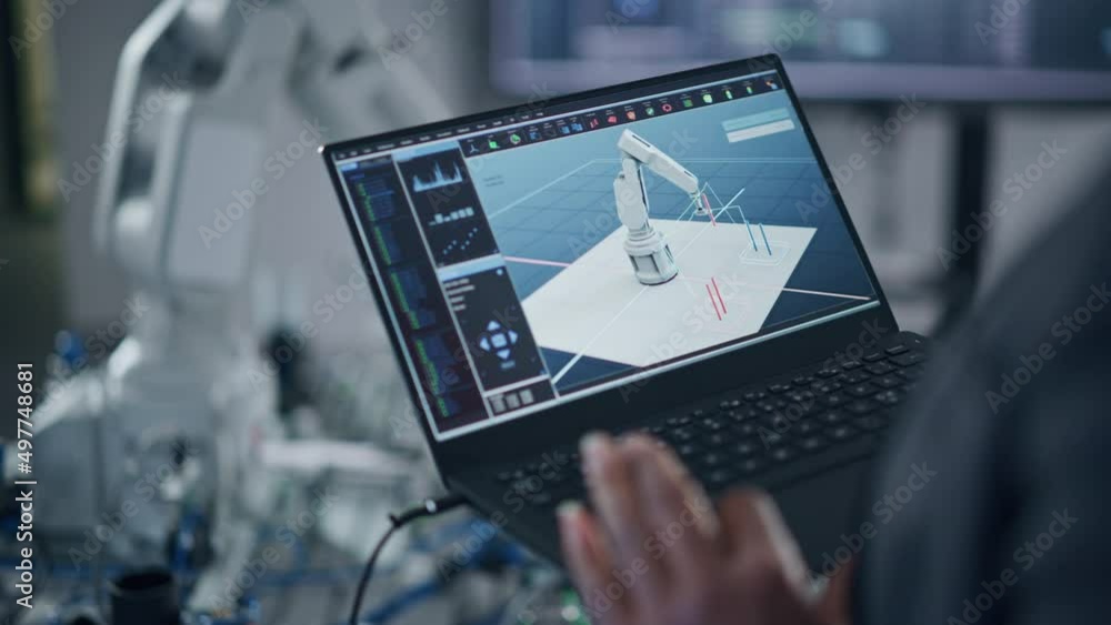 Poster Black Female Engineer Using Laptop for Programming Robotic Arm At the Factory. New Generation in Automatic Manufacturing Industry Concept. Cropped View