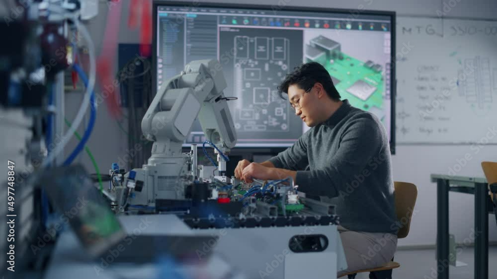 Poster Asian Male Engineer Sitting at Table Using Robot Hand and Engineering; Turning and Looking at Camera. Robot is Moving Under his Control. Education and Robotics Concept