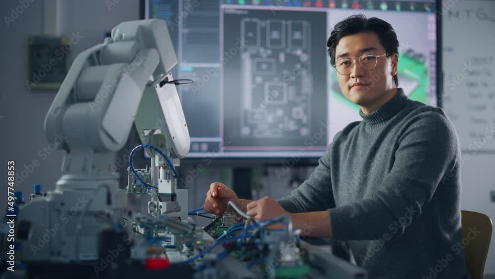 Poster portrait of asian student assembling robotic arm with screwdriver at university. science school stud