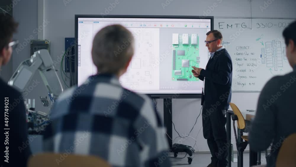 Poster confident male teacher using digital interactive whiteboard, talking to group of diverse students an