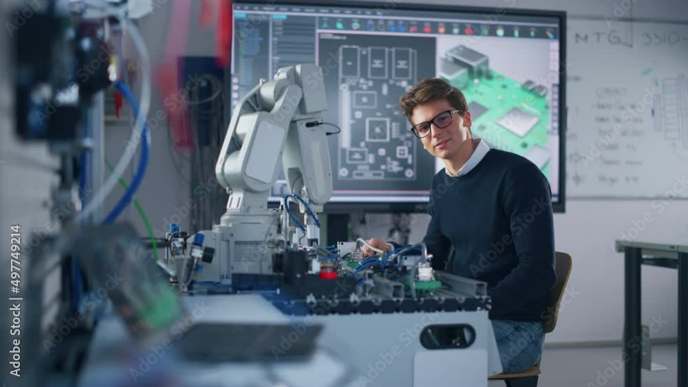 Aufkleber Portrait of Smiling Engineer Using Screwdriver while Working with Microchip of Robotic Arm. Student Holding an Experiment with Bionic Arm. High-Tech Science, Education and Engineering Concept