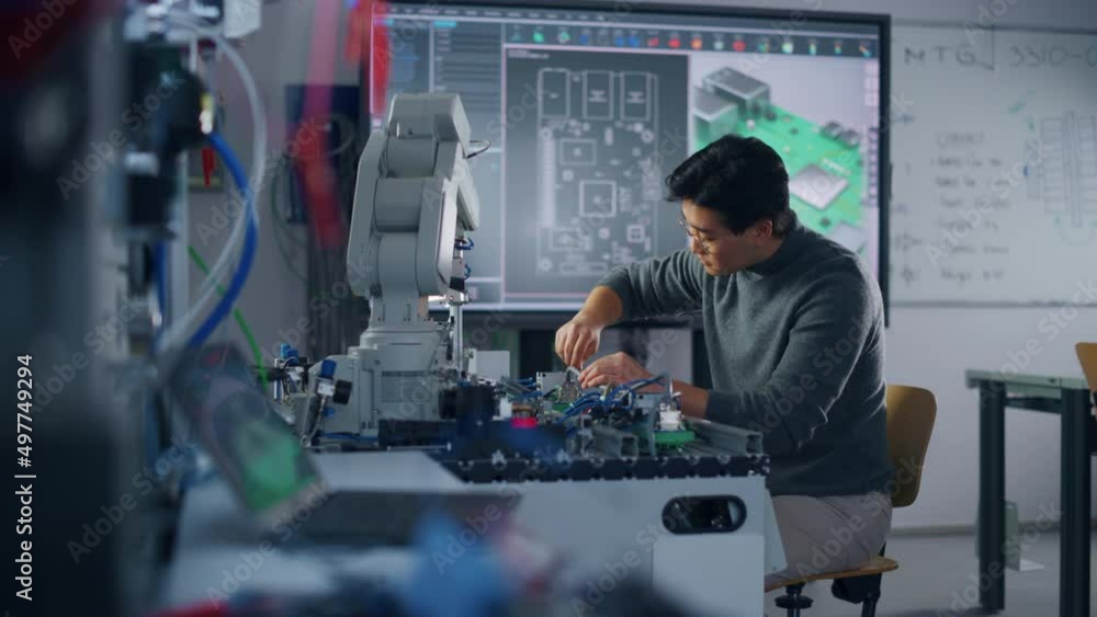 Aufkleber Asian Student Assembling Robotic Arm with Screwdriver During the Lesson. Robot is Moving. Computer Motherboard Components at Digital Interactive Whiteboard at Background. Education Concept