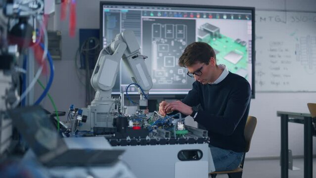 Portrait of Attentive Young Man Engineering Robotic Arm with Screwdriver at Isolated Room. Science Student Holding an Experiment with Bionic Arm. High-Tech Science, Education and Learning Concept