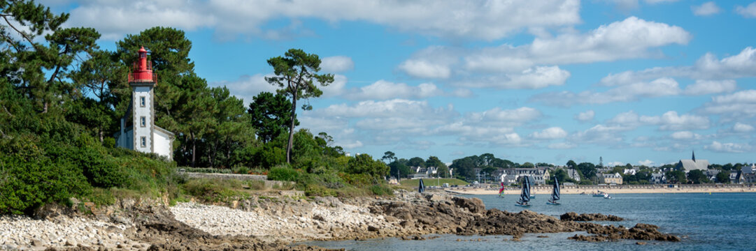 Panorama of the lighthouse of Sainte Marine at Combrit cape in Brittany, France