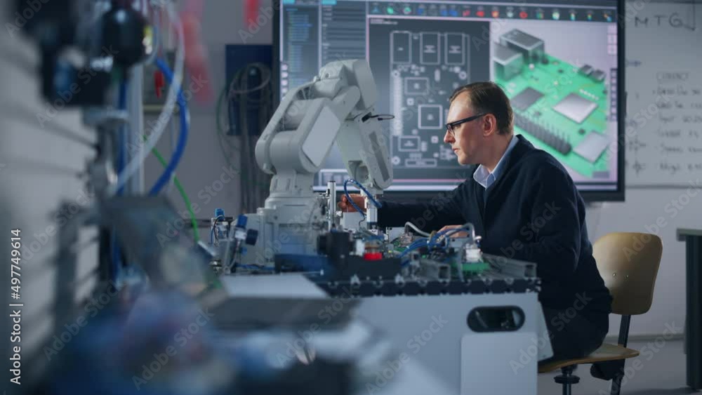 Aufkleber Electronics Engineer Works with Robot, Examining Circuits Using Screwdriver. Computer Science Research Laboratory with Specialists Working. High-Tech Science and Engineering Concept
