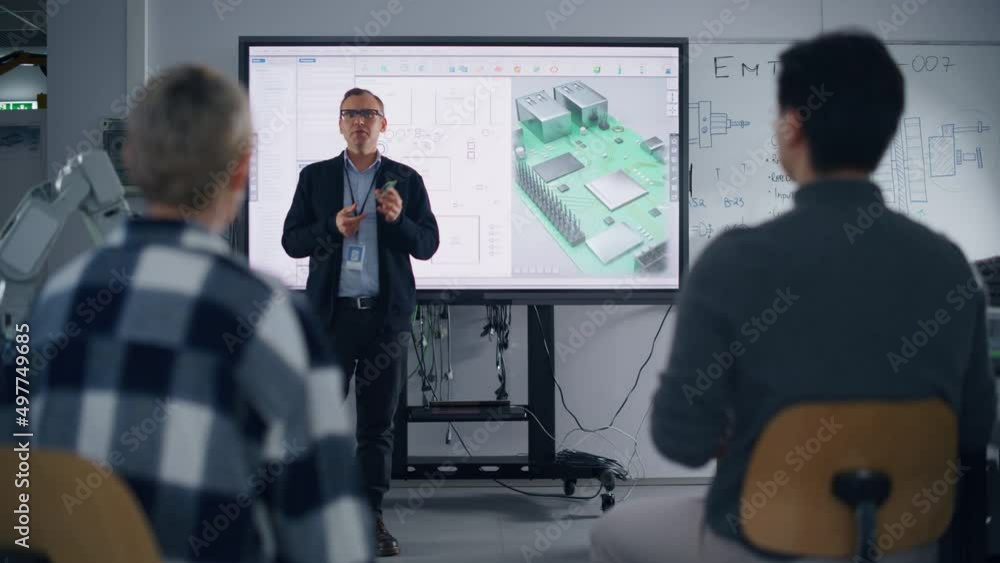 Poster Male Educator Standing Near Big Screen and Explaining to Diverse Students About Computer Motherboard Components. Education and Computer Science Concept
