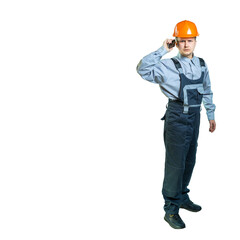 engineer, worker, specialist speaks on the phone. the man frowned, the worker does not like what he hears. isolated