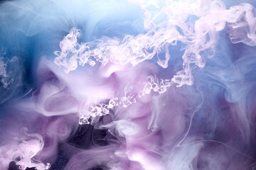 Lilac smoke on black ink background, colorful pink fog, abstract swirling touch ocean sea, azure...