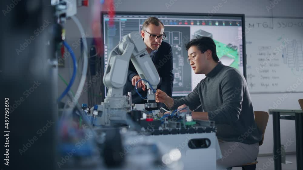 Poster concentrated teacher helping to asian engineer student working with screwdriver and computer motherb