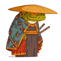 A Samurai, vector illustration. Calm anthropomorphic frog, wearing a beautiful patterned kimono and straw hat, keeping swords in the scabbard. Humanized toad. An animal character with a human body.