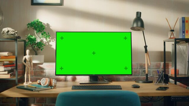 Desktop Computer Monitor Standing on a Table with a Green Screen Chromakey Mock Up Display. Cozy Empty Loft Apartment with a Lamp, Notebooks and Smartphone on the Table. Zoom In Shot.