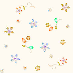 クリスタル風、花と植物モチーフのシームレスパターン素材