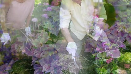 Composite video of trees against caucasian senior couple gardening together in the garden