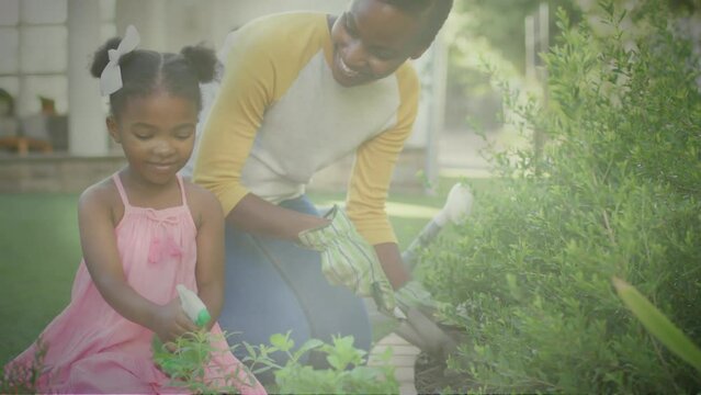 Spot of light against african american mother and daughter gardening together in the garden