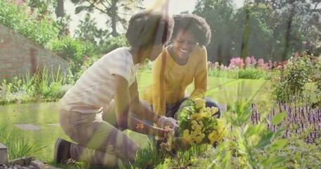 Composite video of green grass against african american mother and daughter gardening in the garden