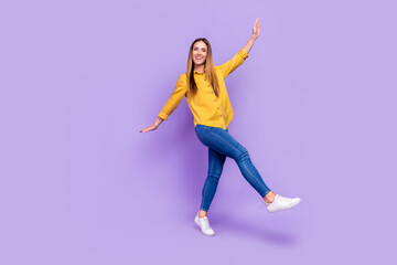 Fototapeta na wymiar Full size photo of good mood carefree lady have fun dancing enjoy weekend vacation isolated on violet color background